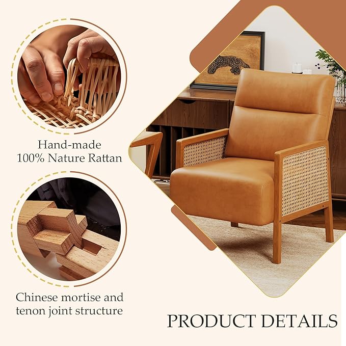 Andeworld Brown Accent Chairs Set of 2Upholstered Modern Living Room Chairs with Natural Rattan Arm Faux Leather Arm Chairs for Bedroom Club Balcony Reception