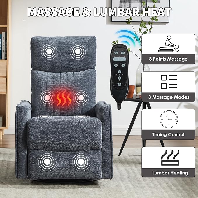 Swivel Rocker Recliner Chair 360° Swivel Recliner with Heat and Massage Rocker Recliner Nursery Glider Chair with Side Pockets for Living Room (Dark Blue Fabric)