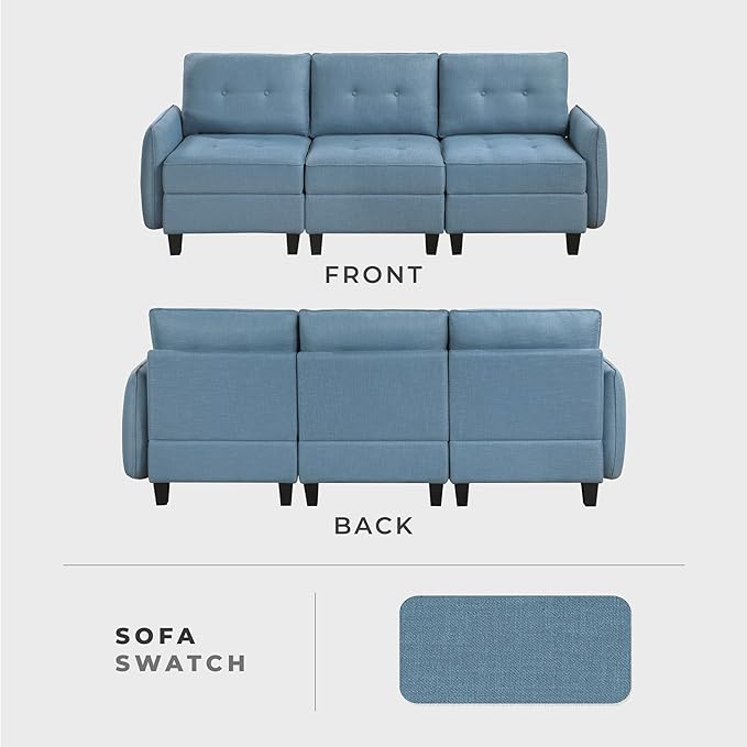 Lexicon Modern Couch with Hidden Storage Textured Fabric Modular Sofa Couch with Button-Tufted Design Reversible Back Cushion for Living Room/Bedroom/Office Blue