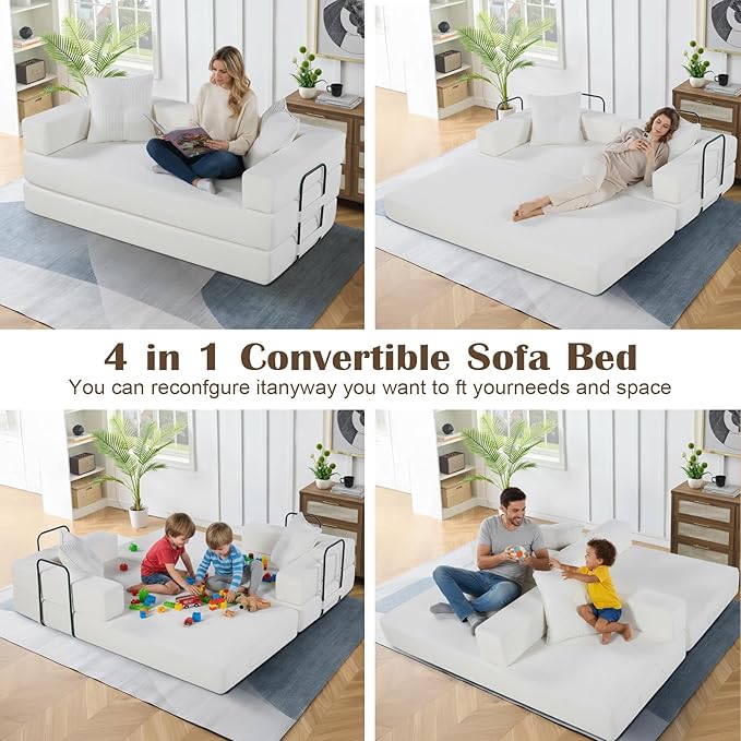 4-in-1 Convertible Folding Sofa Bed 79 Oversized Corduroy Upholstered Boneless Couch Loveseat Sleeper Sofa Bed Floor Sofabed Modular Futon Couch for Living Room Bedroom Lounge (Cream)