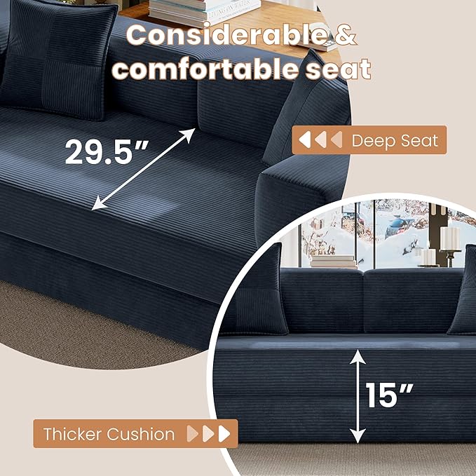 Belhome 78.8 Convertible Sofa Bed Futon Sofa Bed with Side Pocket Corduroy Pull Out Futon Sofa Boneless Couch for Living RoomsNo Assembly Required Navy