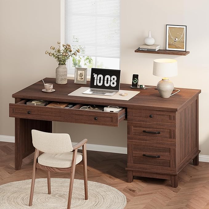 IDEALHOUSE Rustic Wood Double Desk with Built-in Charging Station &amp 4 File Drawers Spacious 2-Person Writing Table for Home Office Heavy-Duty Dual Workstation for Study &amp Work Brown
