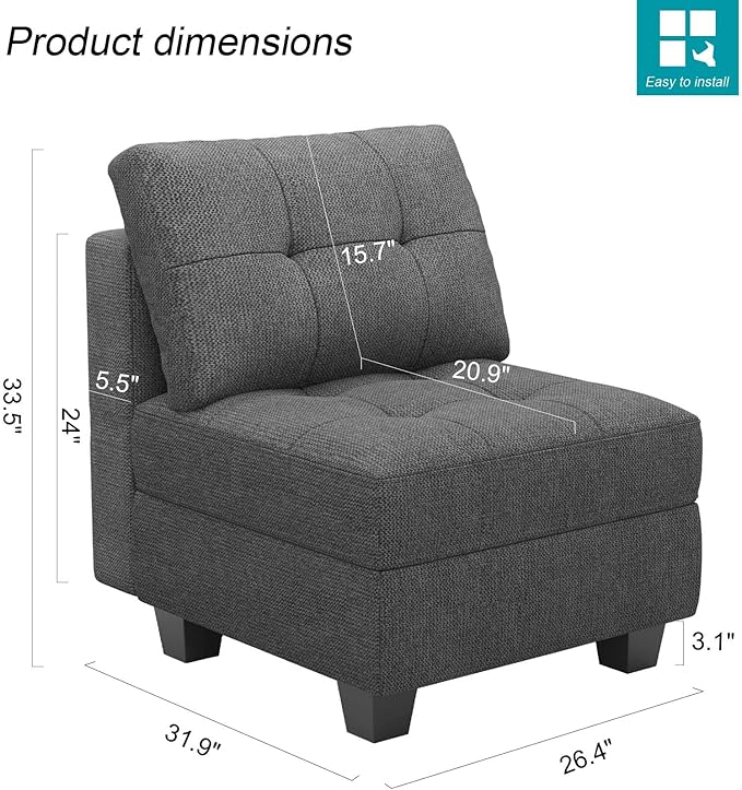 Belffin Middle Module Seat for Modular Sofa Sectional Couch with Storage Accent Armless Sofa Chair Modern Fabric Dark Grey