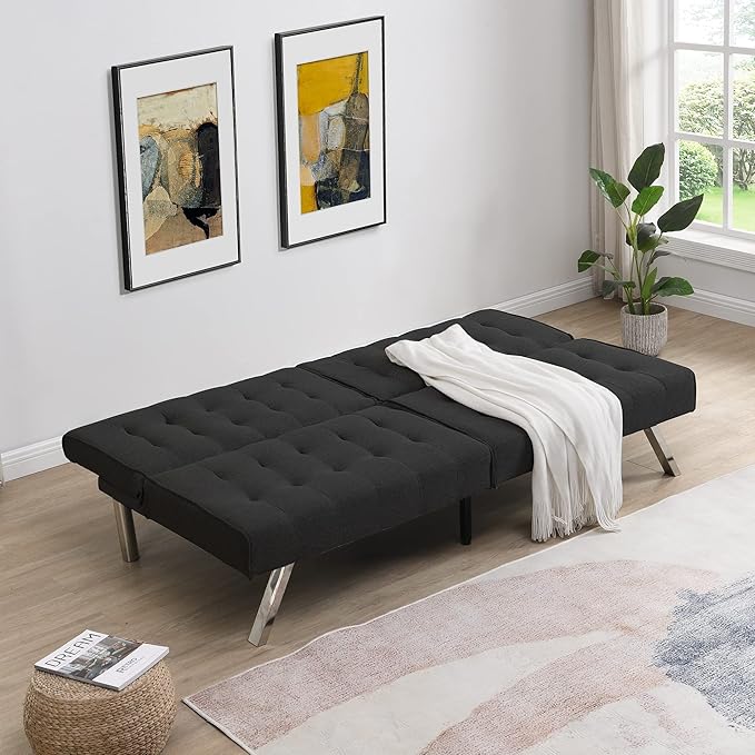 Modern Convertible Futon Sofa Bed Adjustable Loveseat Futon Couch with Metal Legs Upholstered Sofa Bed with Wood Frame Sleeper Couches for Small Compact RV Living RoomOffice (Black-Fabric)