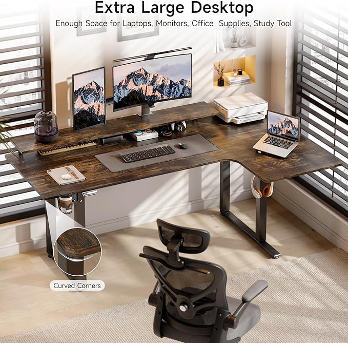 L Shaped Electric Standing Desk 71x43'' Computer Desks with 2 Monitor Shelves Dual Motor and Memory Controller Gaming Corner Desk Adjustable Height from 28-46'' for Home Office Rustic Brown