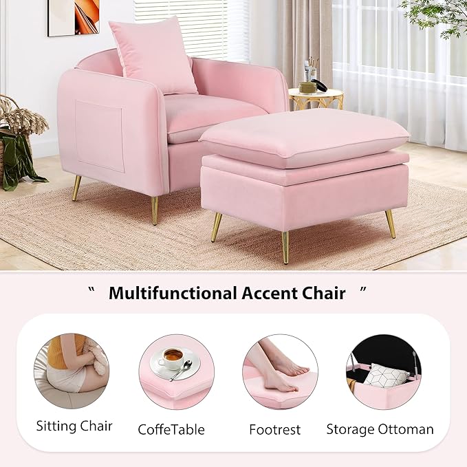 35.2 Modern Accent ChairSingle Sofa Chair with Ottoman Foot Rest and Pillow for Living Room Bedroom Small Spaces Apartment OfficePink