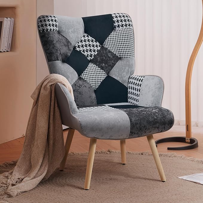 Joysoul Living Room Accent Chair Modern High Back Arm Chair Houndstooth Pattern Bohemian Style Chairs for Bedroom Waiting Room
