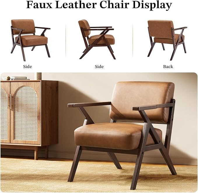 Mid Century Modern Chair Brown Leather Accent Chair Upholstered Armchair with Solid Wood Frame Comfy Reading Nook Chair Lounge Chairs for Living Room Bedroom