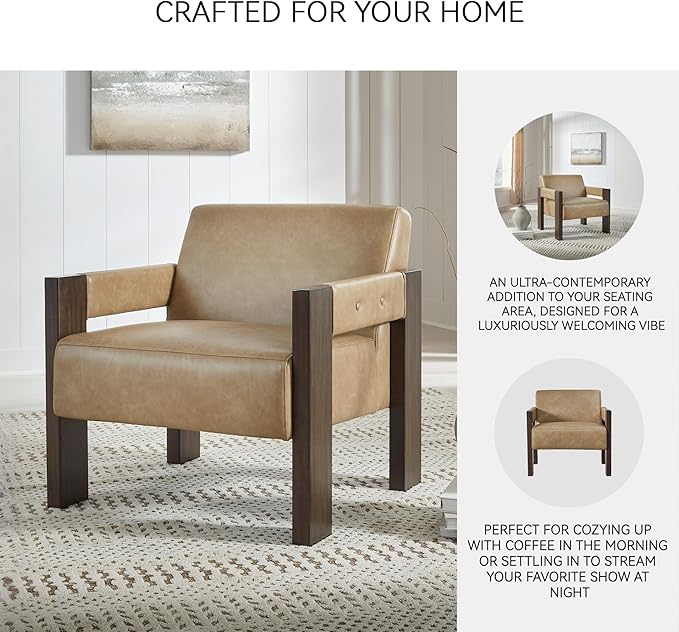 Signature Design by Ashley Adlanlock Contemporary Faux Leather Upholstered Solid Wood Accent Chair Light Brown &amp Dark Brown