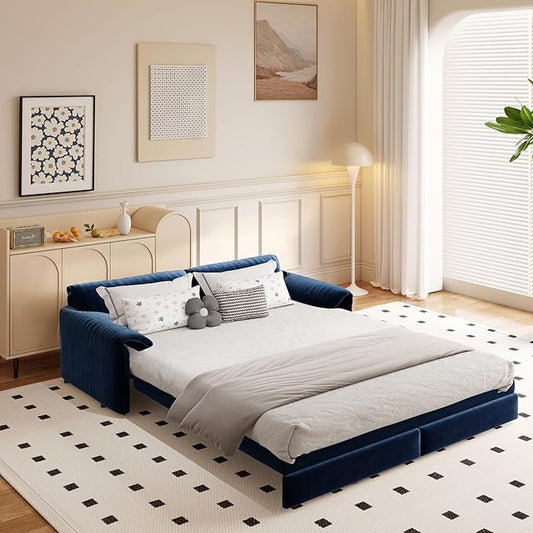Futon Sofa Bed Queen Size66 Pull Out Sofa Bed with Side Storage Multi-Functional Velvet Sleeper Sofa for Living Room Bedroom Apartment Office Small SpaceBlue