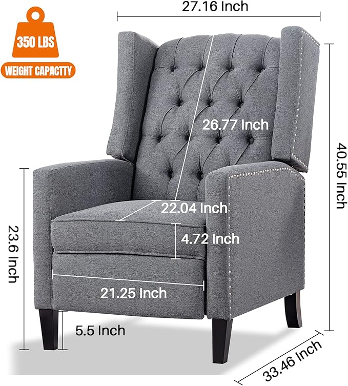 Gray Recliner Chair for Adults Accent Wingback Chairs Living Room Chair Mid-Century Modern Fabric Recliner Button Tufted Club Chair Upholstered Reclining Reading Arm Chair 27