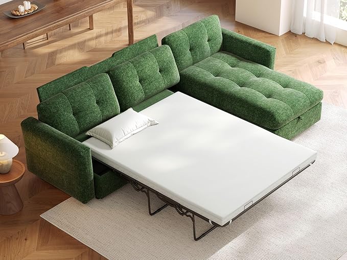 LINSY Oversized Sectional Sleeper Sofa 118 Pull Out Couch with Storage Chaise Convertible Sofa Bed with Memory Foam Topper Comfy L Shaped Couches for Living Room Apartment Dorm Room Green