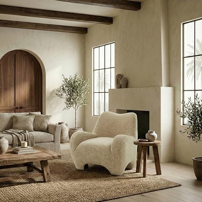 SAFAVIEH Couture Collection – Randal Light Brown Chenille Accent Chair Fully Assembled Upholstered Lounge Seating with Curved Arms (SFV4878C)
