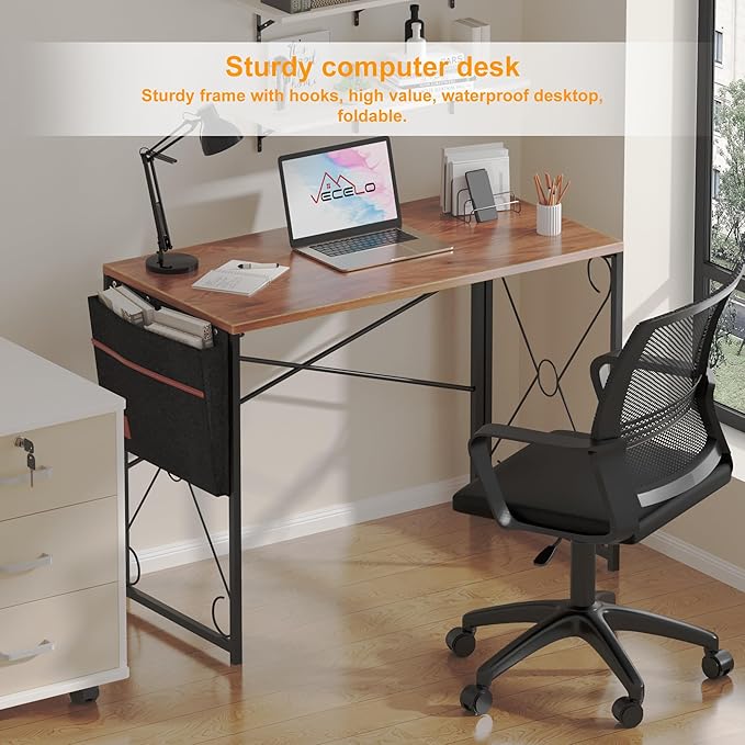 VECELO 39 Inch Folding Desk Simple Assembly Writing Computer Desk for Home Office Study Office Foldable Table for Small SpacesClassic Brown2 Set