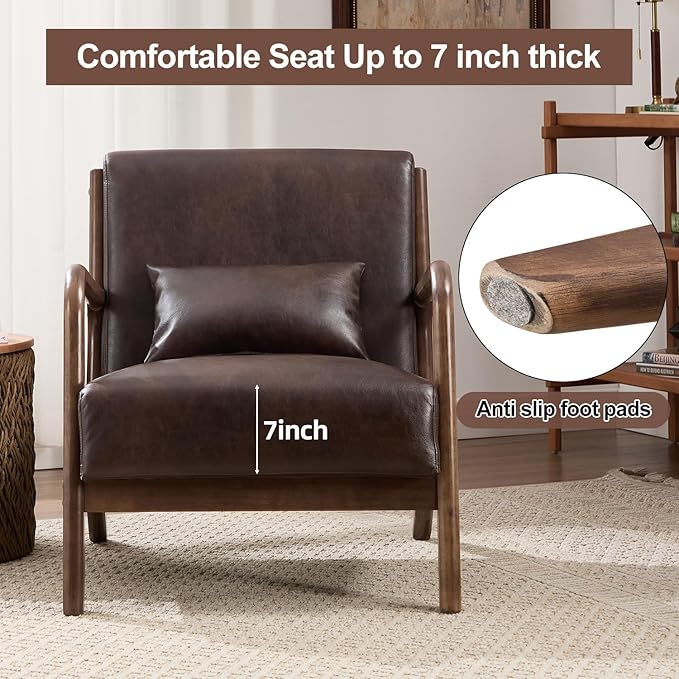 INZOY Mid Century Modern Accent Chair with Wood Frame Set of 2 Upholstered Reading Armchair with PU Leather Accent Chair for Living Room Bedroom Apartment Easy Assembly Chocolate Brown
