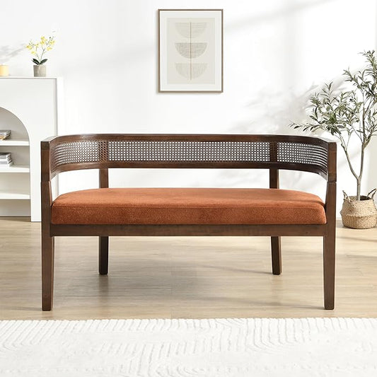 Christopher Knight Home Xiza Modern Fabric Upholstered Loveseat Sofa with Rubberwood Frame Comfy 2-Seater Sofa Couch and Rattan Backrest Love Seat Couches for Living Room Dark Orange + Walnut