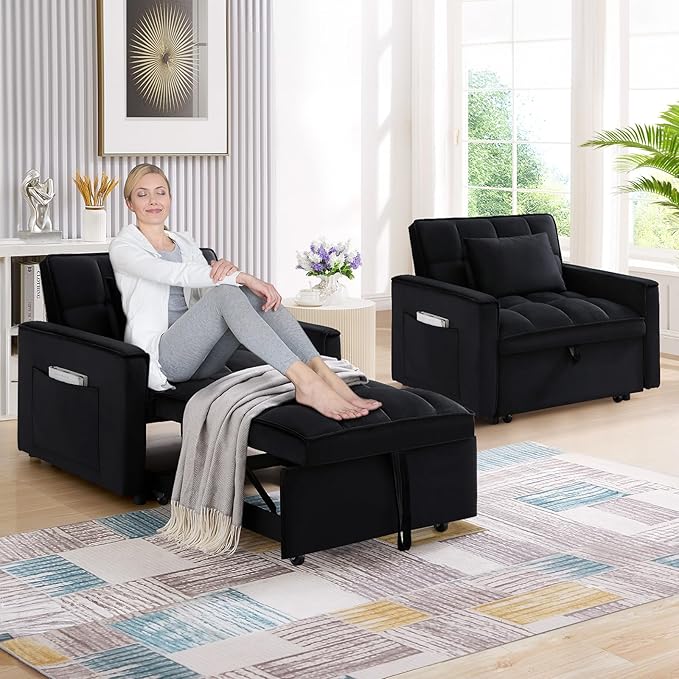 Antetek Sleeper Sofa Chair Bed Convertible Velvet Single Pull Out Sofa Chair Modern Tufted Living Room Reading Chair with Adjustable Backrest/Pillow for Small Space Apartment Office Black