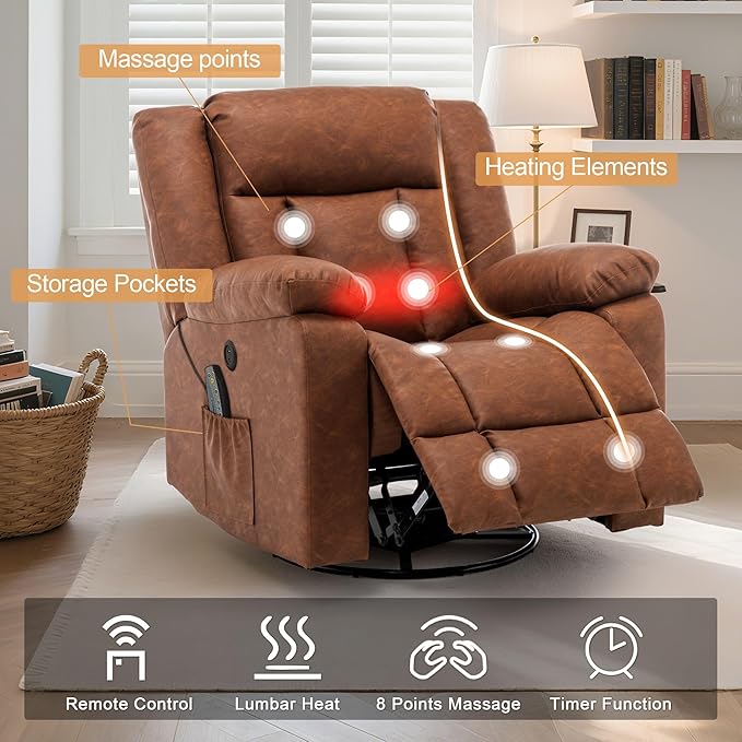Rocker Recliner Glider Recliner Chairs for Adults 360° Swivel Rocking Chair with Massage and Heating Nursery Chair with Storage and USB Charging for Living Room Bedroom Nursery