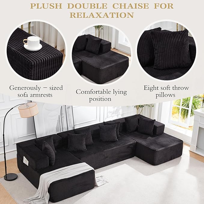 HOMREST 131 Boneless Memory Foam Sofa with Chaise Lounge Comfy Corduroy Deep Seat Modular Sectional Couch Large U-Shaped Floor Sofa for Living Room &amp Apartment No Assembly Required Black