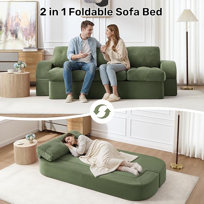 Convertible Sofa Bed3-Seater Boneless Couches for Living Room 2 in 1 Folding CouchFold Out Floor Couch with PillowsCloud Floor LoveseatFloor Futon Sleeper for Living Room Bedroom LoungeGreen