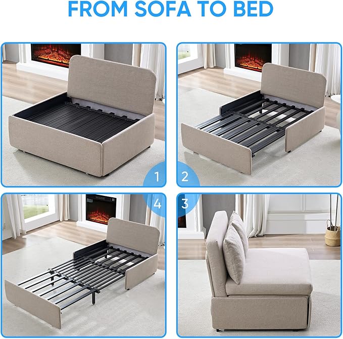 PUREMIND Twin Sofa Bed Twin Size Pull Out Sofa Beds with 2 Pillows&amp Tri-fold Mattress Linen Chair Bed Pull Out Couch Beds for Small Place Apartment Beige