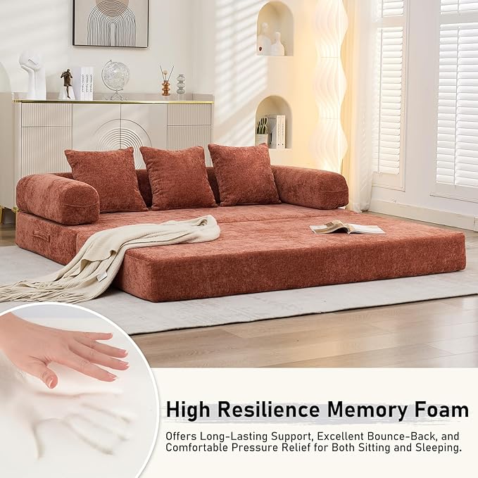 4 in-1 Folding Convertible Sofa Bed78.8 Folding Floor Mattress Couch Comfy Chenille Boneless Couch Lounge Loveseat with Pull Out Bed No Assembly (Orange)