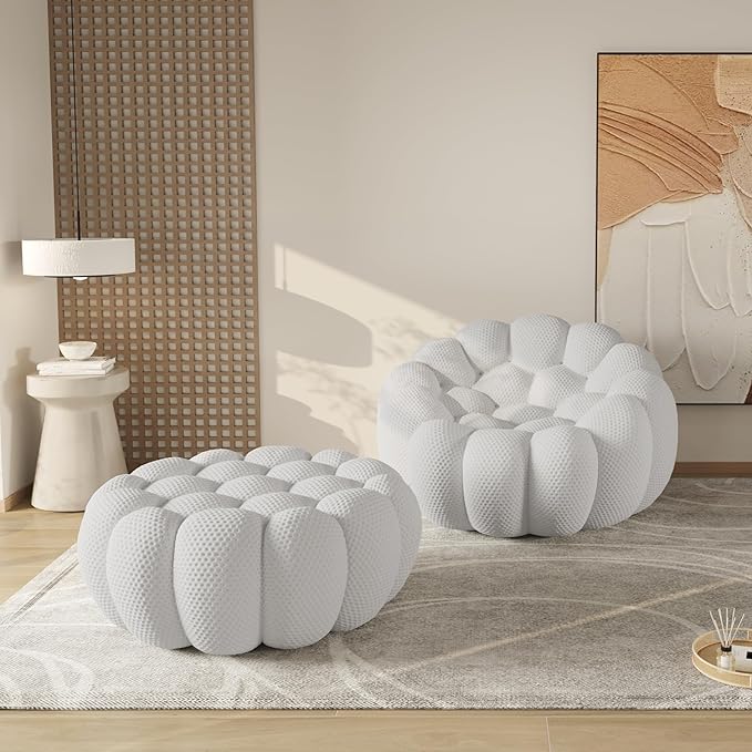 WJShome Modern Deep Seats Bubble Sofa Couches for Living Room No Assembly 48.4 ‘’ Small Couch with 42.5 Big OttomanComfy Sponge Floor Sofas Chair for BedroomLight Grey