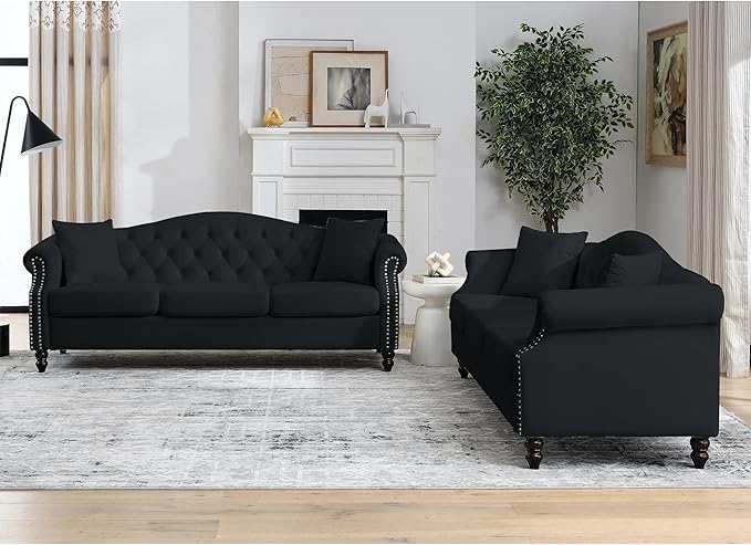 KEIKI 79 + 79 Chesterfield Sofa Retro Upholstered 3+3 Seater Velvet Couch with Rolled Arm and Nailhead for Living Room Bedroom Office Apartment Black