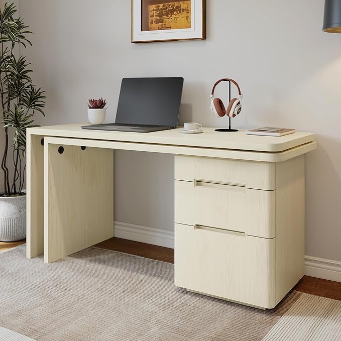 Merax Home Office Desk L Shaped with 3 DrawersWooden Rotating 90 Large DeskExecutive Office WorkstationCorner Work Table for Study WritingNatural Wood