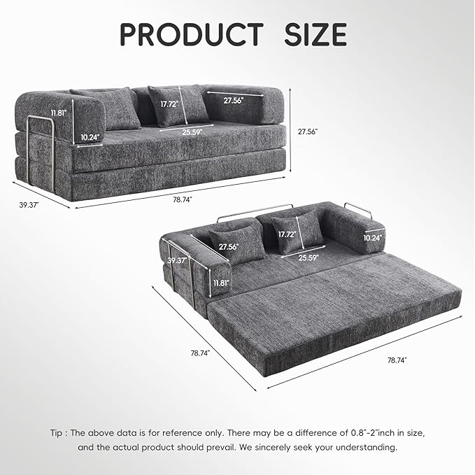 5-in-1 Convertible Folding Sofa Bed 79 Queen Chenille Boneless Couch with Removable Armrests No Assembly Loveseat Sleeper Sofa Modular Futon Couch for Living Room &amp Bedroom Dark Grey