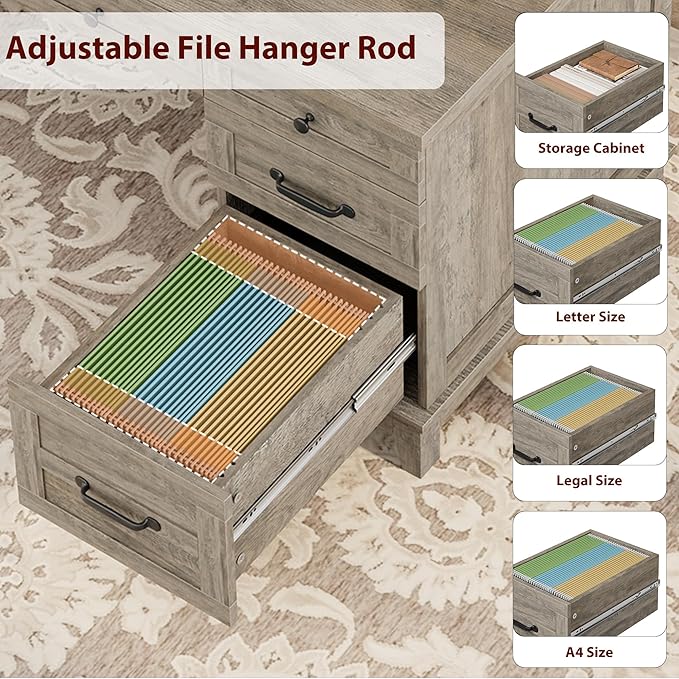 53.5 Farmhouse Home Office Desk with File Cabinet Wooden Executive Desk with Power Outlet Work Desk with Drawers Traditional Wood Desk for Home and Office Gray