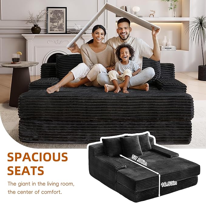 67 Oversized Chaise Lounge Indoor Corduroy Upholstered Sofa Bed Boneless Deep Seat Sleeper Couch Cloud Reading Chair for Living Room Apartment No Assembly Required(Black) (Black)
