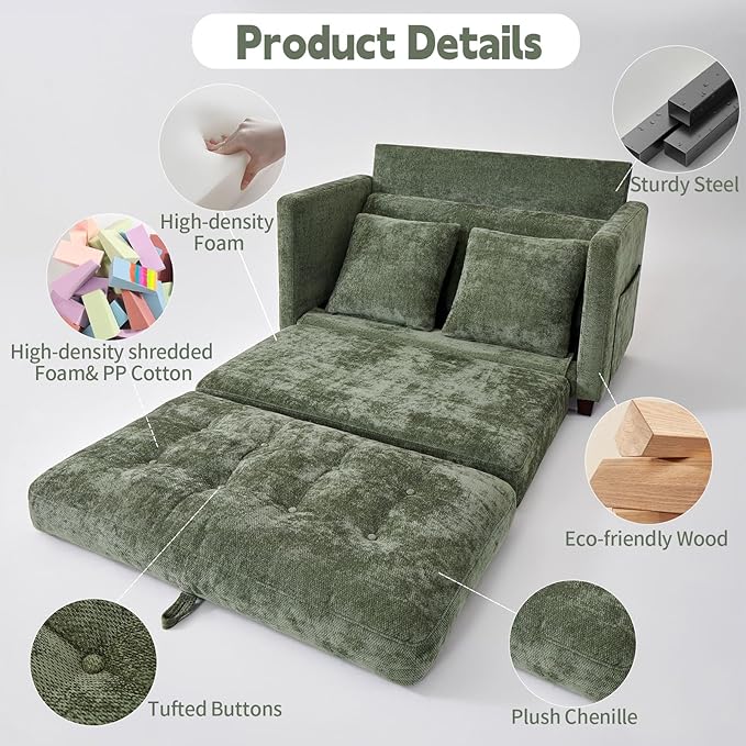 2-in-1 Convertible Loveseat Sofa Bed - Folding Pull-Out with Deep Seat 2 Pillows &amp Solid Steel Frame Loveseat Sleeper Sofa Bed for Small Spaces Apartment Living Room &amp Guest Room (Green Ch
