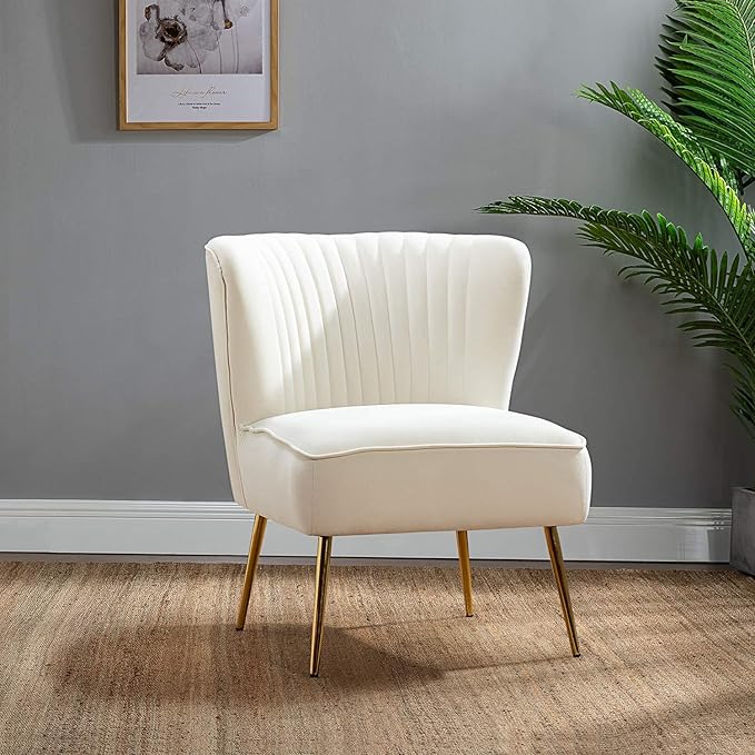 HULALA HOME Velvet Accent Chair Modern Upholstered Cute Side Chair with Gold Metal Legs Armless Wingback Slipper Chair Comfy Living Room Chair for Bedroom Guest Room VanityIvory