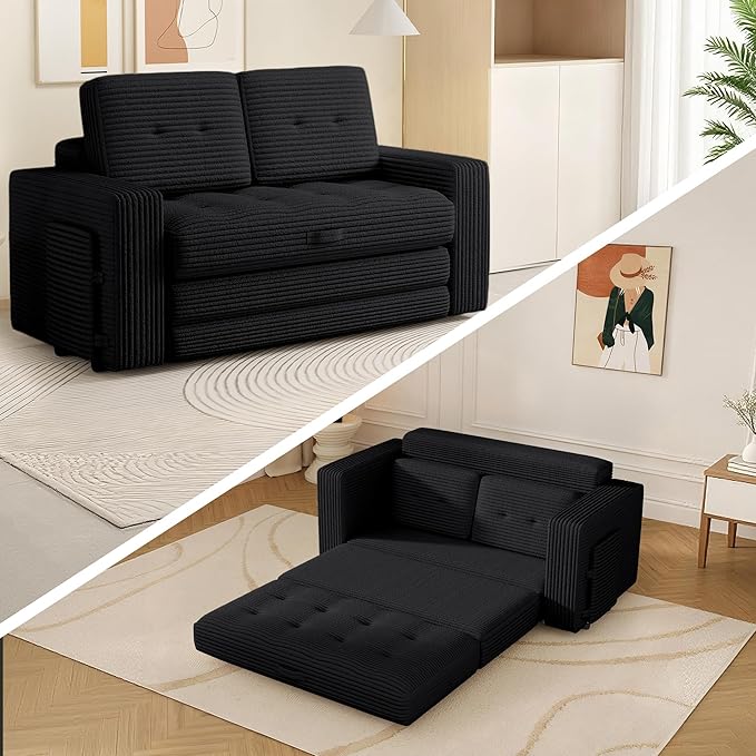 Convertible Boneless Sofa Bed 2 in 1 Pull Out Loveseat Sleeper Sofabed Folding Couch Bed with Pillows for Living Room Bedroom Small Space Black
