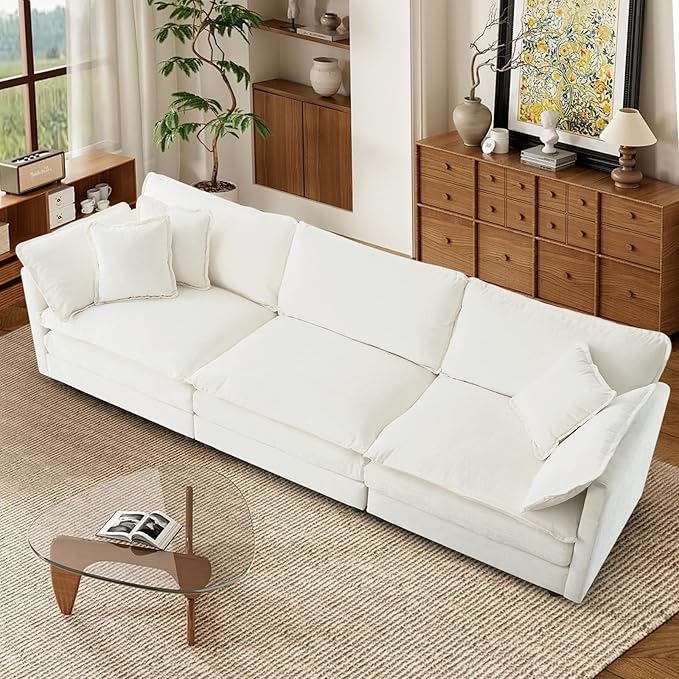 Modular Sectional Sofa with 3 Seat 111.5 Convertible Chenille Couch with 2 Armrest Pillows and 3 Throw Pillow for Living RoomOffice and ApartmentBeige