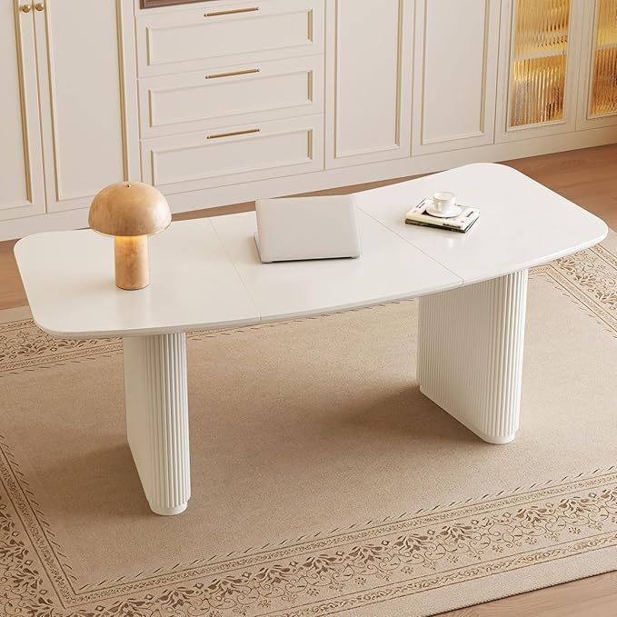 Guyii 77.67inch Large Modern Computer Desk Cream White Office Desk Thick Tabletop with Strong Legs Curved Shape Executive Desk Studing Table for Office Study