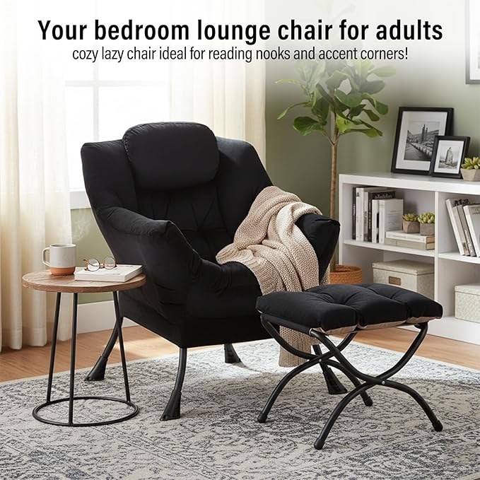 Lazy Chair with Ottoman Modern Accent Chair with Armrests and a Side Pocket Velvet Black Accent Chairs Reading Chairs Oversized Armchairs for Bedroom Study Living Room Courtyard