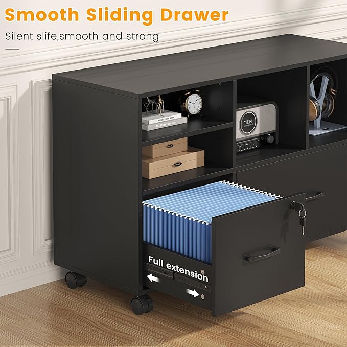 2 Drawer Wood Mobile Large Lateral File Cabinet Lockable Rolling Filing Cabinet with Storage Shelves Printer Stand Office Storage Cabinet for Home Office Fits Files Legal/A4 Black