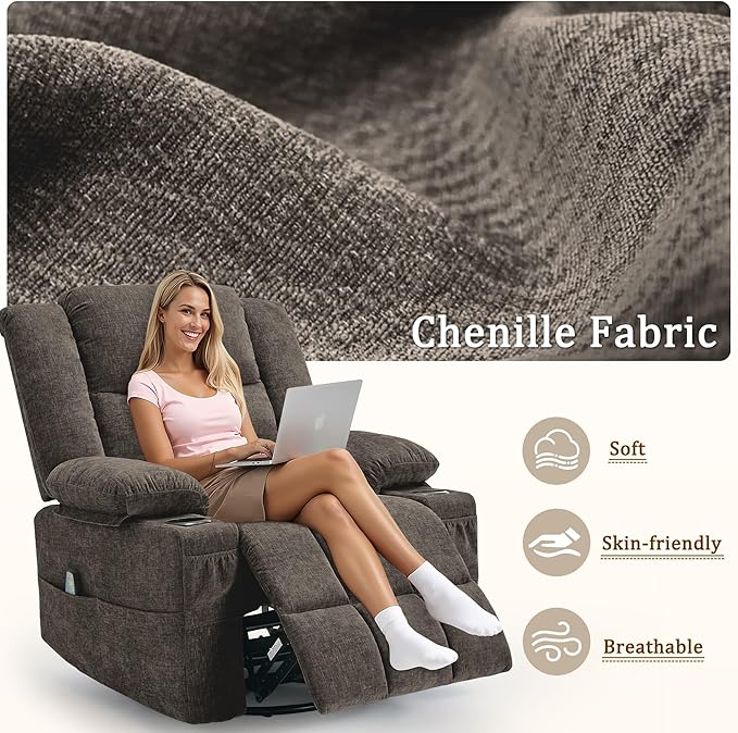 360° Swivel Rocker Recliner for Adults Nursery Glider Recliner with Massage and Heating Rocking Chair with Cup Holder Manual Recliner Chair for Living Room Bedroom (Fabric Brown)