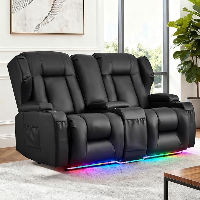 BINGTOO Manual Double Reclining Loveseat Sofa 2-Seater RV Wall Hugger Leather Couch for Living Room &amp Home Theater with Storage Console/Cup Holders/Side Pockets PU Black