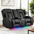 BINGTOO Manual Double Reclining Loveseat Sofa 2-Seater RV Wall Hugger Leather Couch for Living Room &amp Home Theater with Storage Console/Cup Holders/Side Pockets PU Black