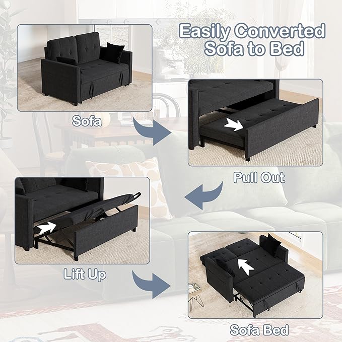 Pull Out Sofa Bed: 71 Black Convertible Loveseat Sleeper Sofa Bed for Small Space Modern 3 in 1 Couch with Storage Couch Beds for Living Room (Black)