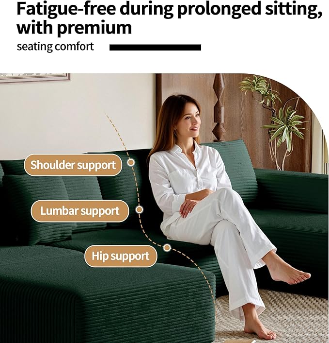 134.6'' U-Shaped Modular Sectional SofaModern Comfortable Corduroy Cloud CouchConvertible Boneless Couches for Living Room with OttomanNo Assembly(Green)