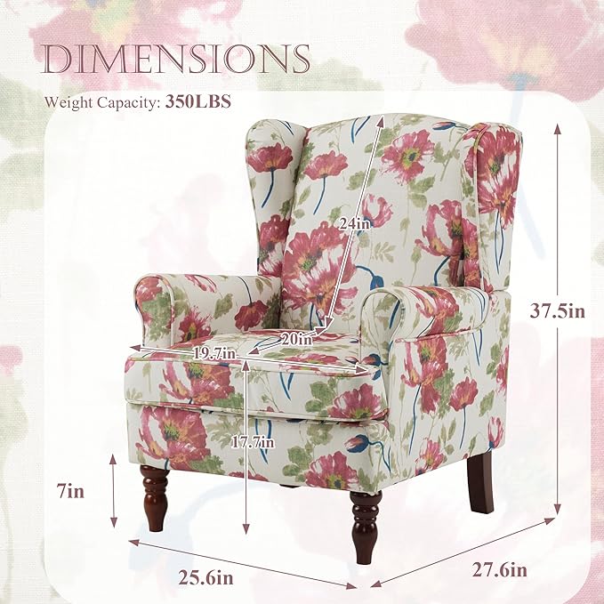 MELLCOM Floral Accent Chair High Back Upholstered Armchair with Solid Legs Leisure Single Sofa Chair for Living Room Bedroom Home Office Pink Floral