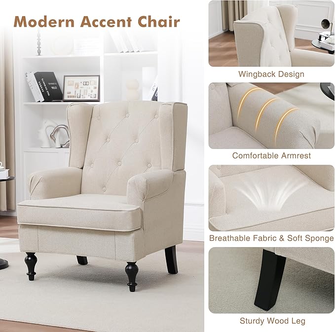 Accent Chair for Living Room Mid Century Modern Upholstered Armchair Wingback Chair with Tufted High Back and Solid Legs Comfy Single Sofa Side Chairs for Bedroom Khaki