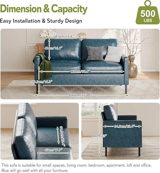 STHOUYN 57 W Faux Leather Loveseat w/ 2 USB Small Loveseat Sofa w/Side Pockets Wooden Frame Small Couch w/Metal Legs Office Mini Couch for Dorm Bedroom Apartment