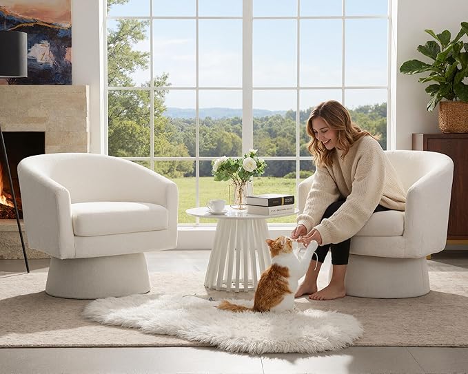 HNY Modern Swivel Accent Chairs Set of 1 White Boucle Upholstered Barrel Chairs Cozy Vanity Arm Chairs with Back Comfy Sherpa Round Lounge Reading Armchair Club Side Chairs for Living Room Bedroom