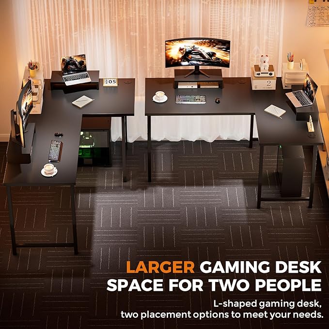 COMHOMA 57 L Shaped Desk with 2 Monitor Stand Reversible Computer Desk Corner Desks Gaming Desk PC Table Large Work Workstation for Gaming Writing Study Black