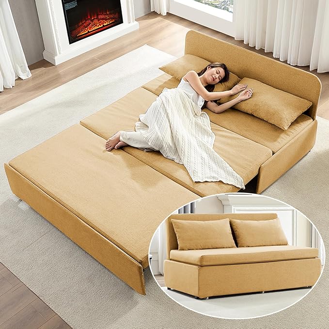 Mjkone 64 W Sofa Bed Queen Size with Pull Out Bed 2-in-1 Modern Linen Living Room Pull Out Sleeper Sofa Couch Beds with Cushions &ampThrow Pillows for Apartment Office Studio Small Place Yellow